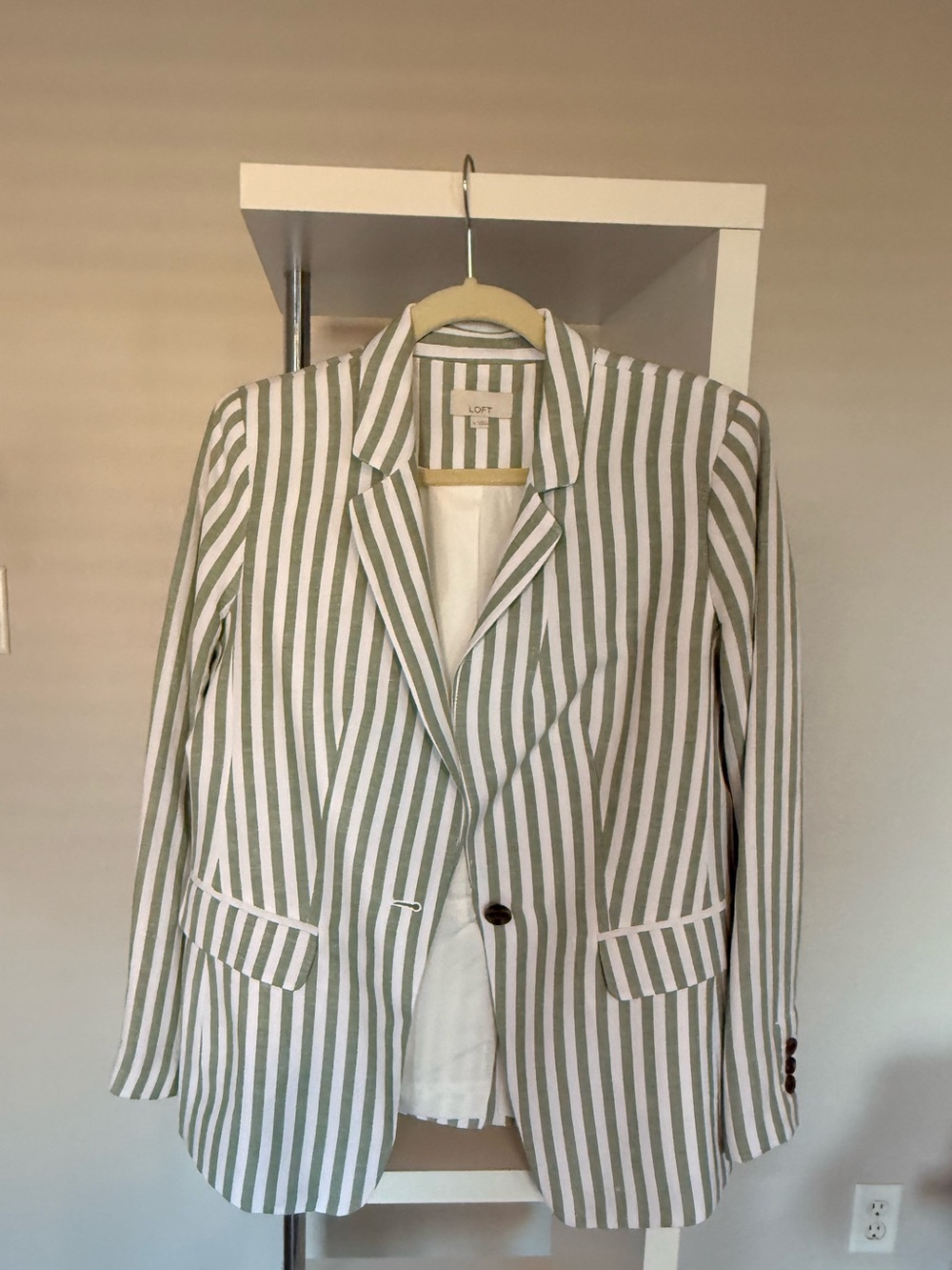LOFT Olive and White Vertical-Stripe Blazer and Matching Shorts